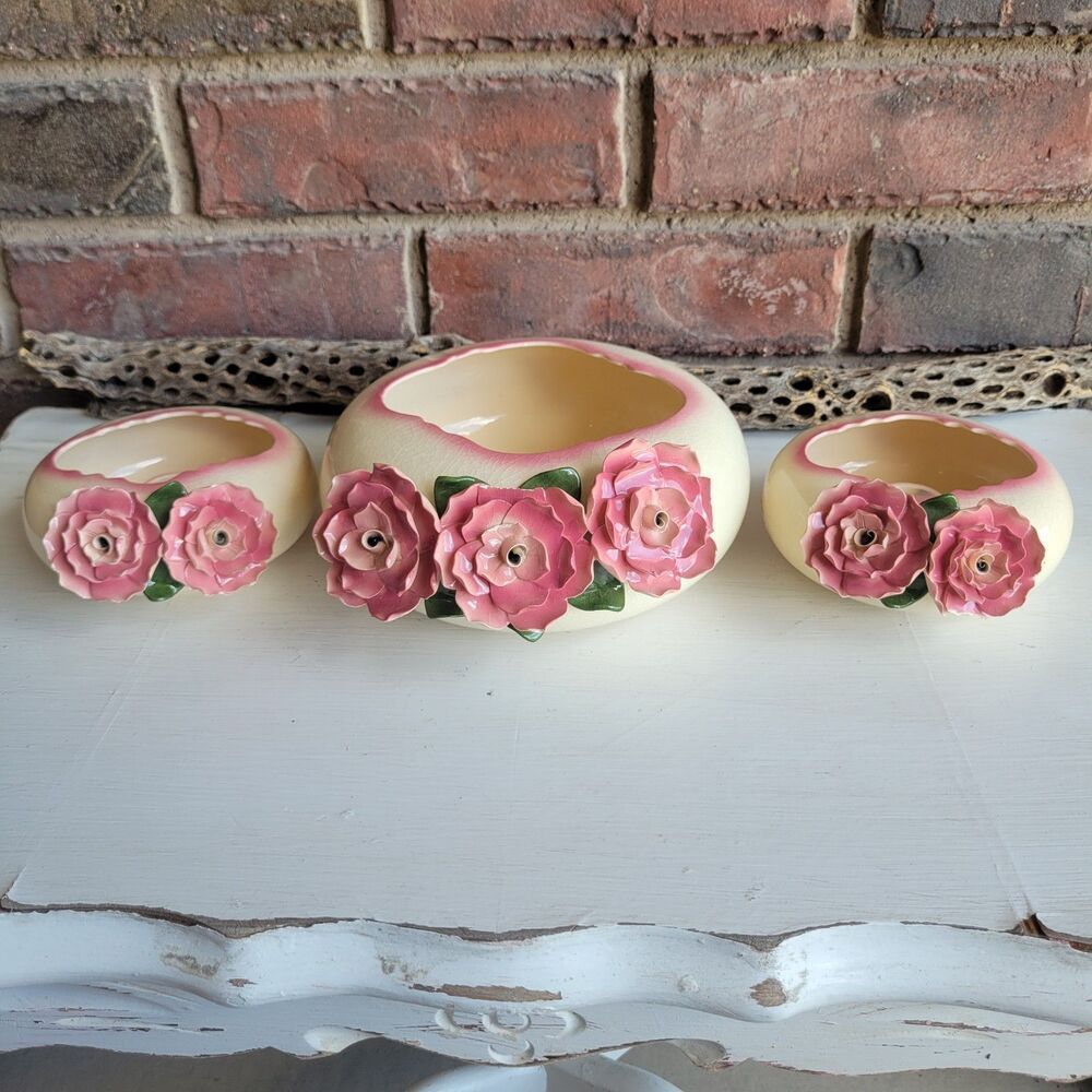 RARE California EverArt Pink Rose Bowl & Candleholders Set